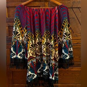 Ali Miles Boho Fringe Chevron Tribal Tunic Off the shoulder Top L Artsy Summer
